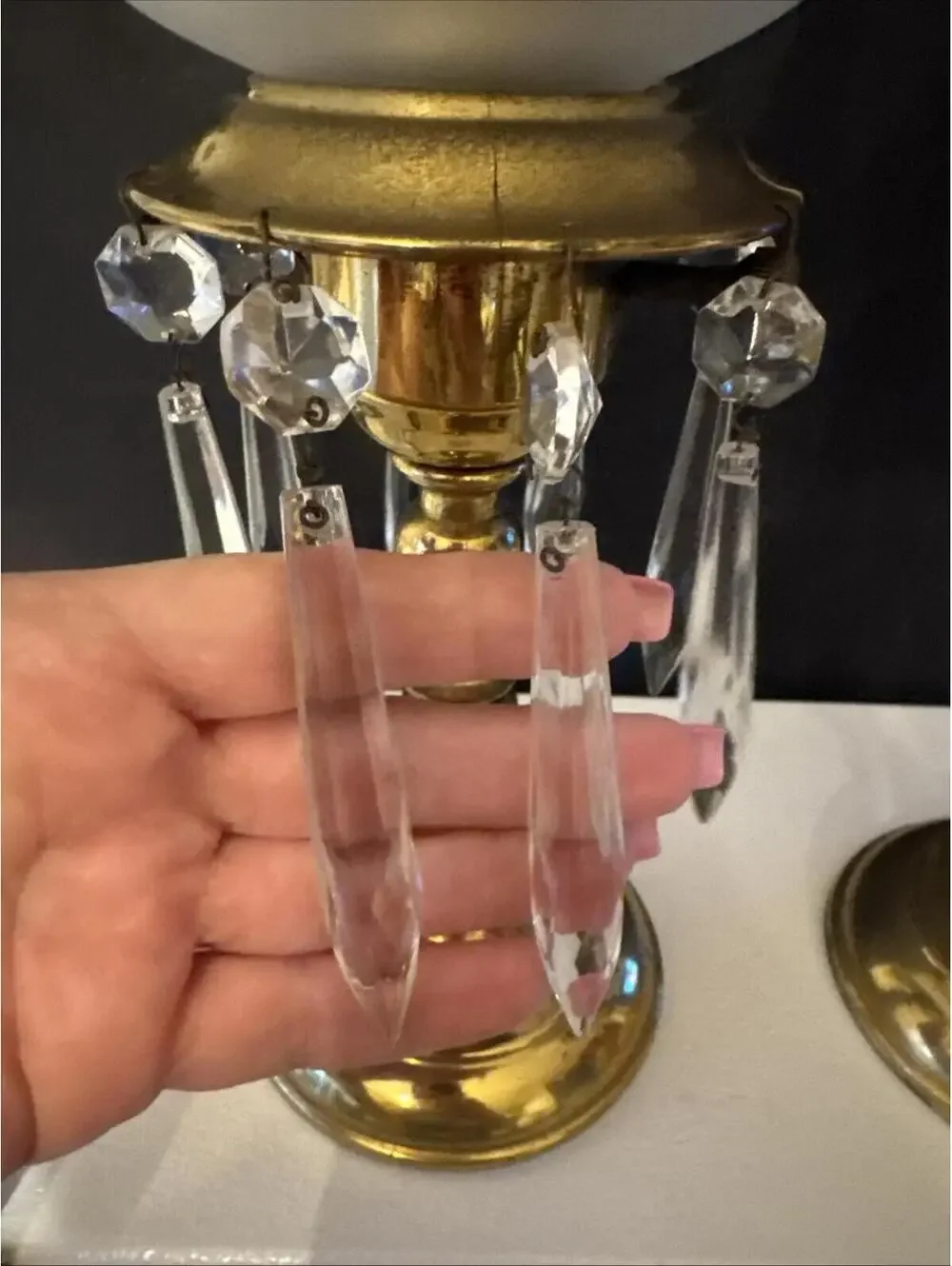 VTG MCM Pair of Electrified Boudoir Brass Hurricane Lamps With Hanging Crystals